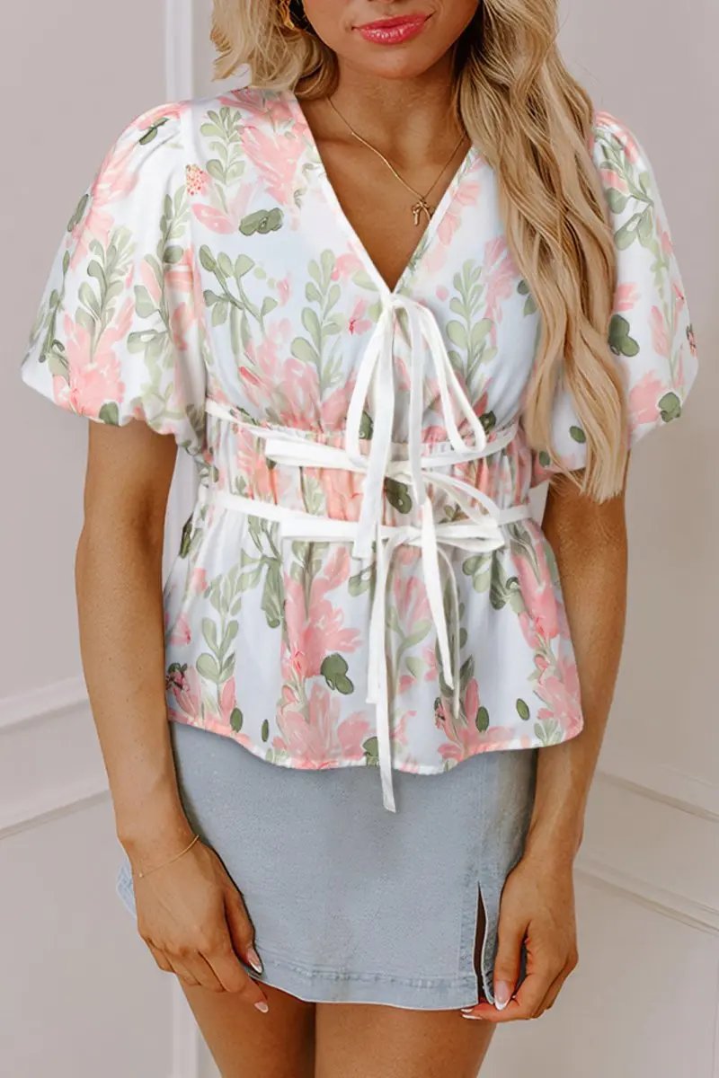 Pink Floral Puff Sleeve V Neck Tied Front Peplum Blouse - Love Salve